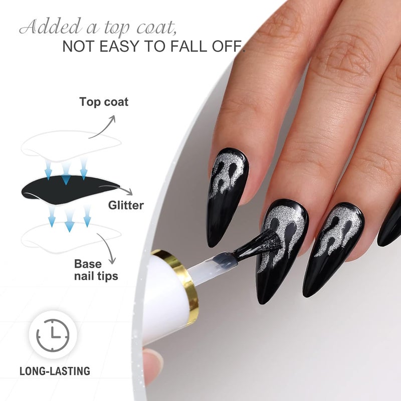 morily Black Press on Stiletto Nails Medium Length Glossy Fake Nails with Fire Pattern Design Acrylic Stick on Nails Long Full Cover Artificial False Nails Manicure for Women (Black Flame) - Image 2